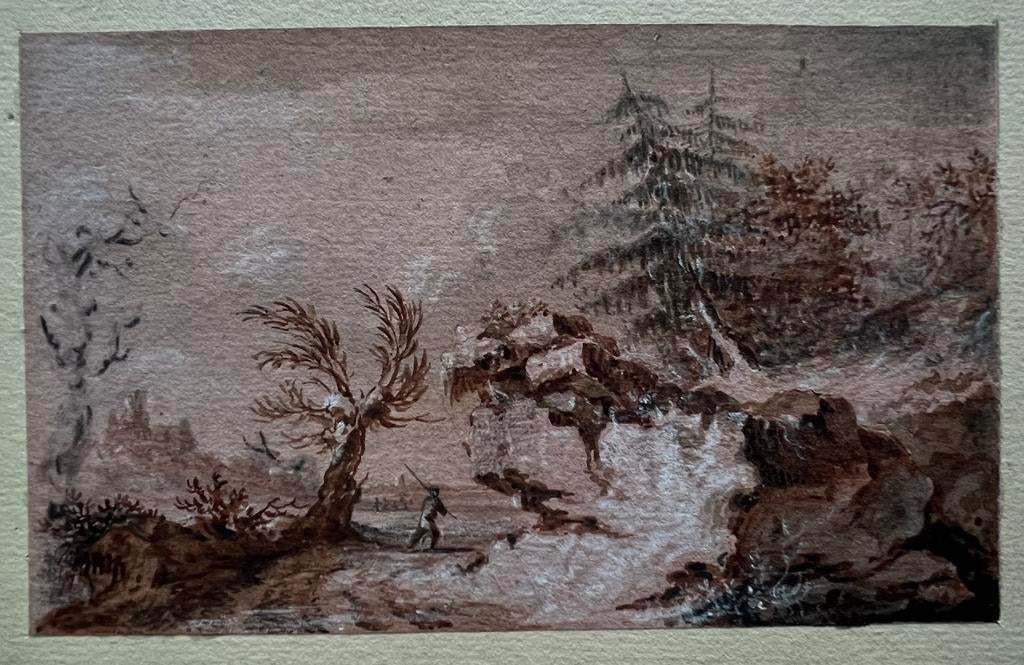 18/19de eeuw, Gouache, figuur in landschap, Antiek en Kunst, Ophalen of Verzenden