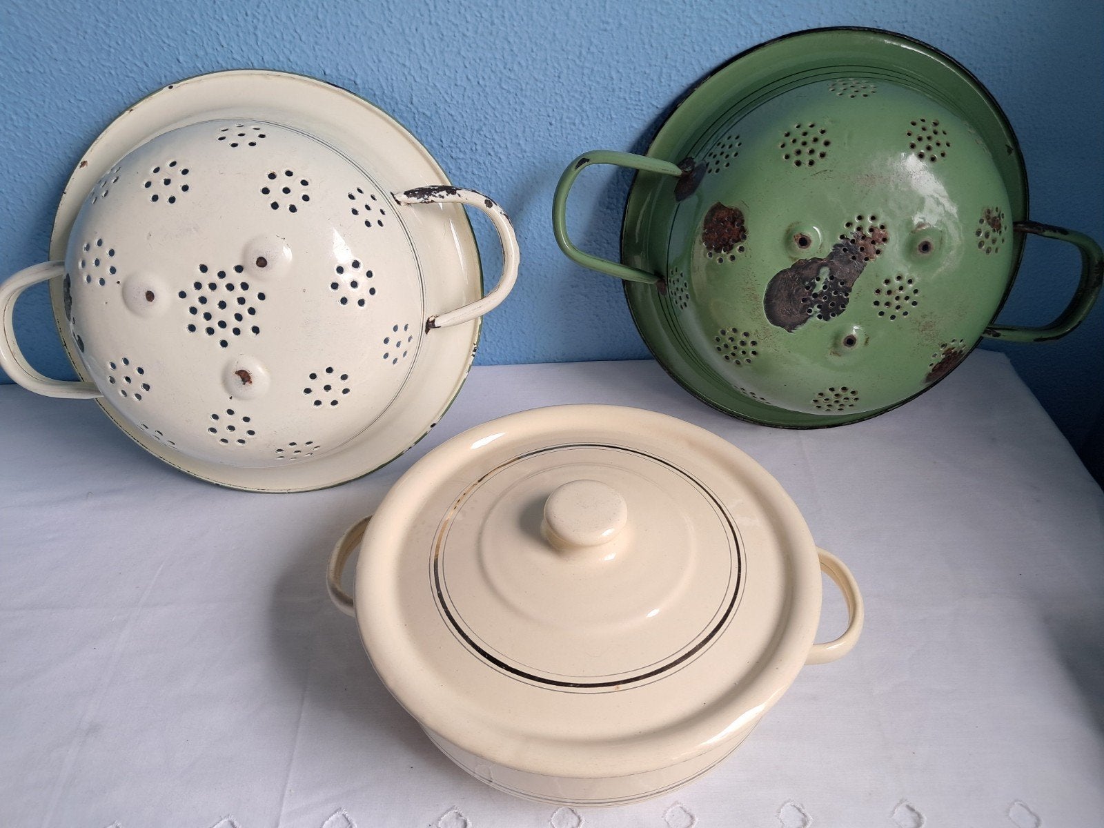 Verschillende brocante emaille keukengerei. Per stuk, Ophalen of Verzenden