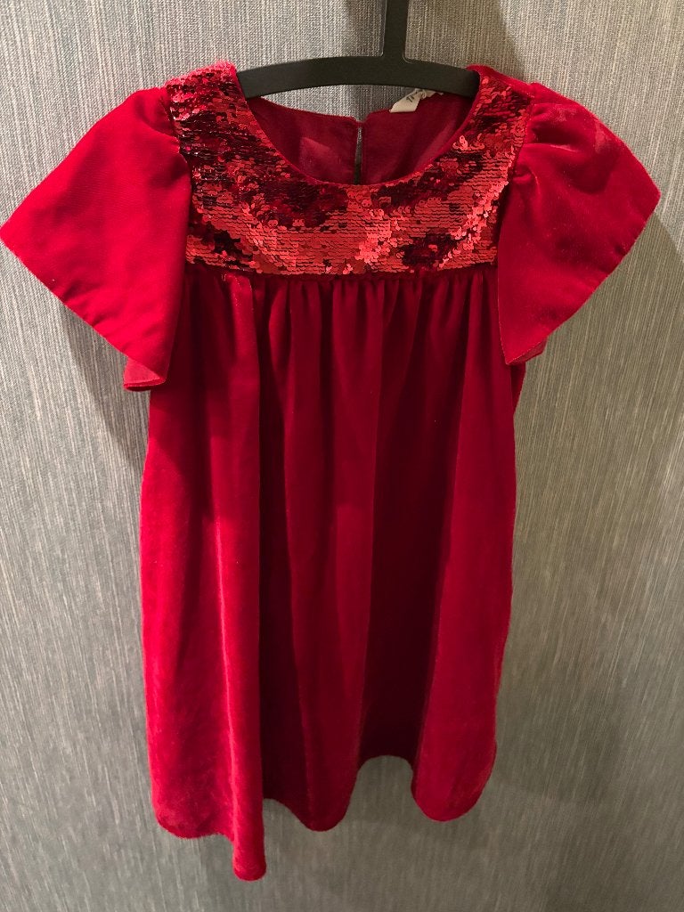 Rode fluwelen meisje  jurk met pailletten , maat; 140, Gebruikt, Meisje, H&M, Ophalen of Verzenden