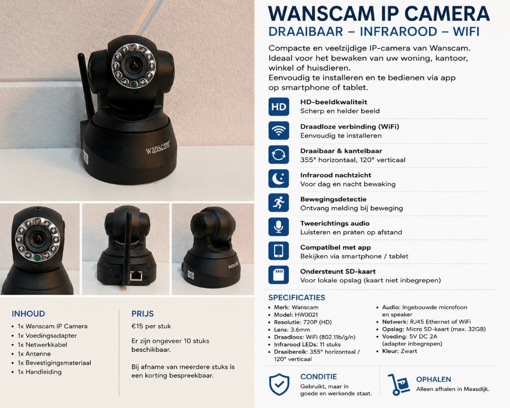 Wanscam WiFi IP Camera – Draaibaar – Infrarood Nachtzicht, Gebruikt, MVI, MVI, Ophalen of Verzenden
