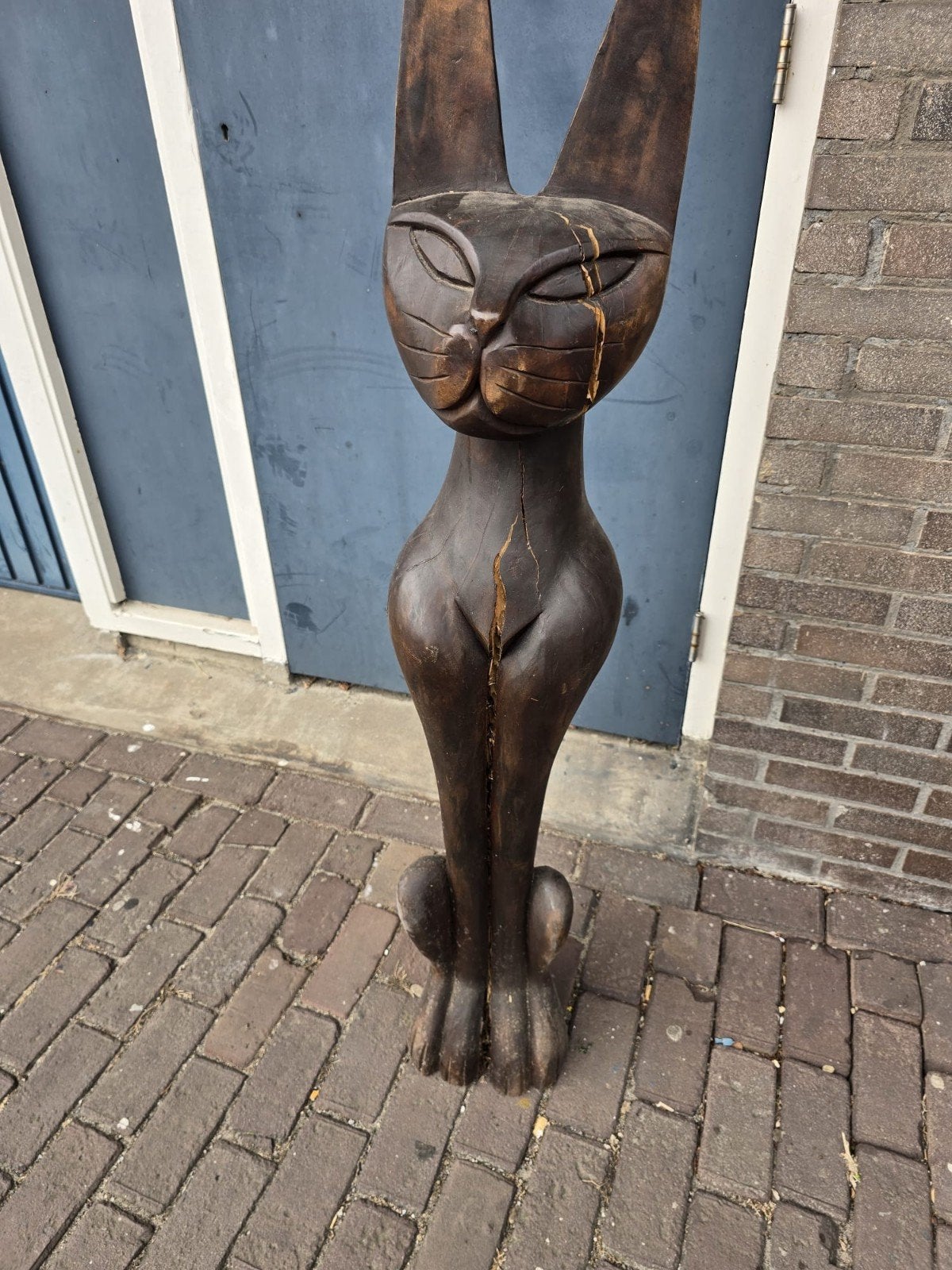 Houten kattenbeeld, 1.20m hoog, met karakteristieke details, Ophalen, 1 meter - 2 meter, Beeld, Hout