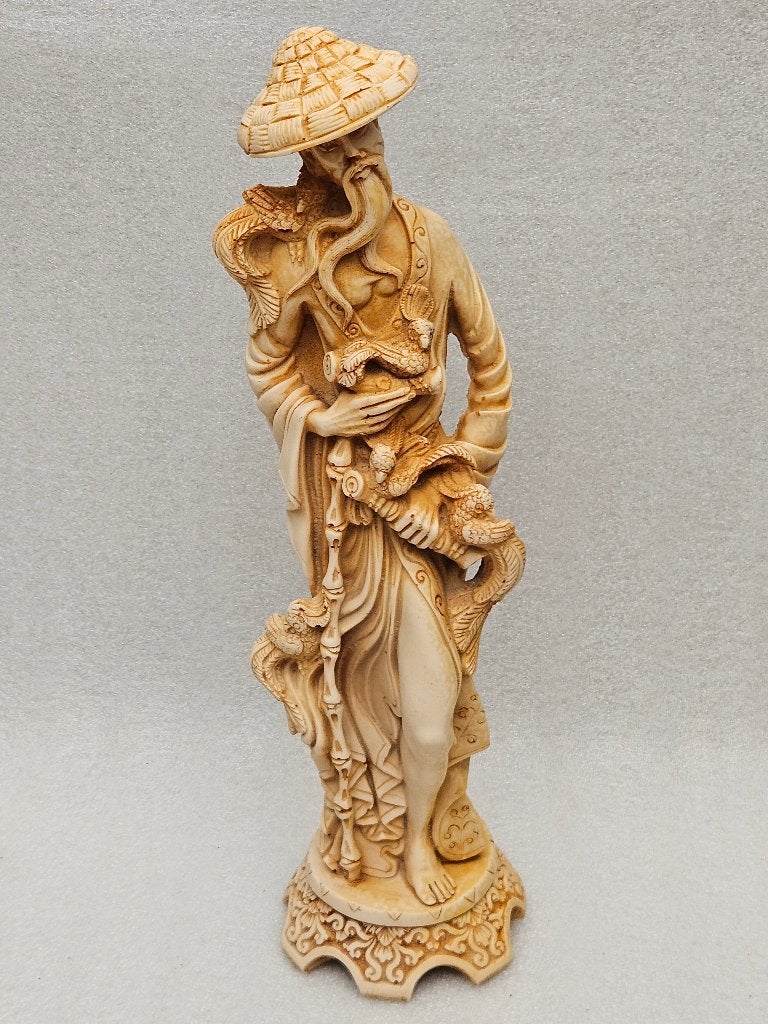 Chinees geluksbeeld van een oude wijze man, Antiek en Kunst, Bruin, 39 cm, Op standaard, China