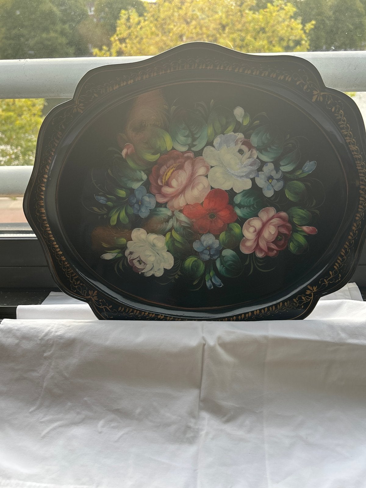 Vintage Russisch dienblad met handgeschilderde bloemen, Ophalen of Verzenden