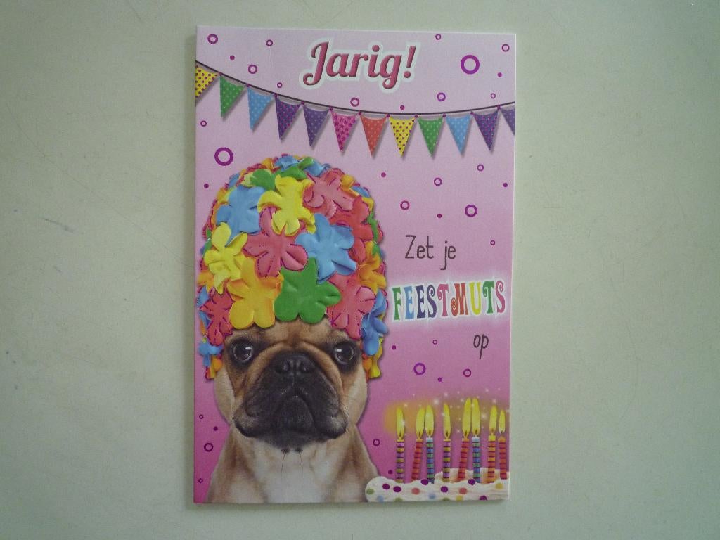 Grappige kaart franse buldog hond met muts feestmuts, Ophalen of Verzenden, Voor 1920, Hond of Kat