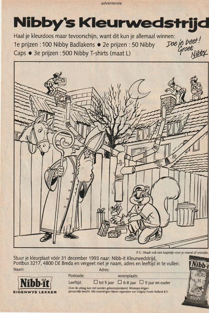 Retro reclame 1993 Nibb-it chips Sinterklaas kleurplaat, Verzenden, Overige typen