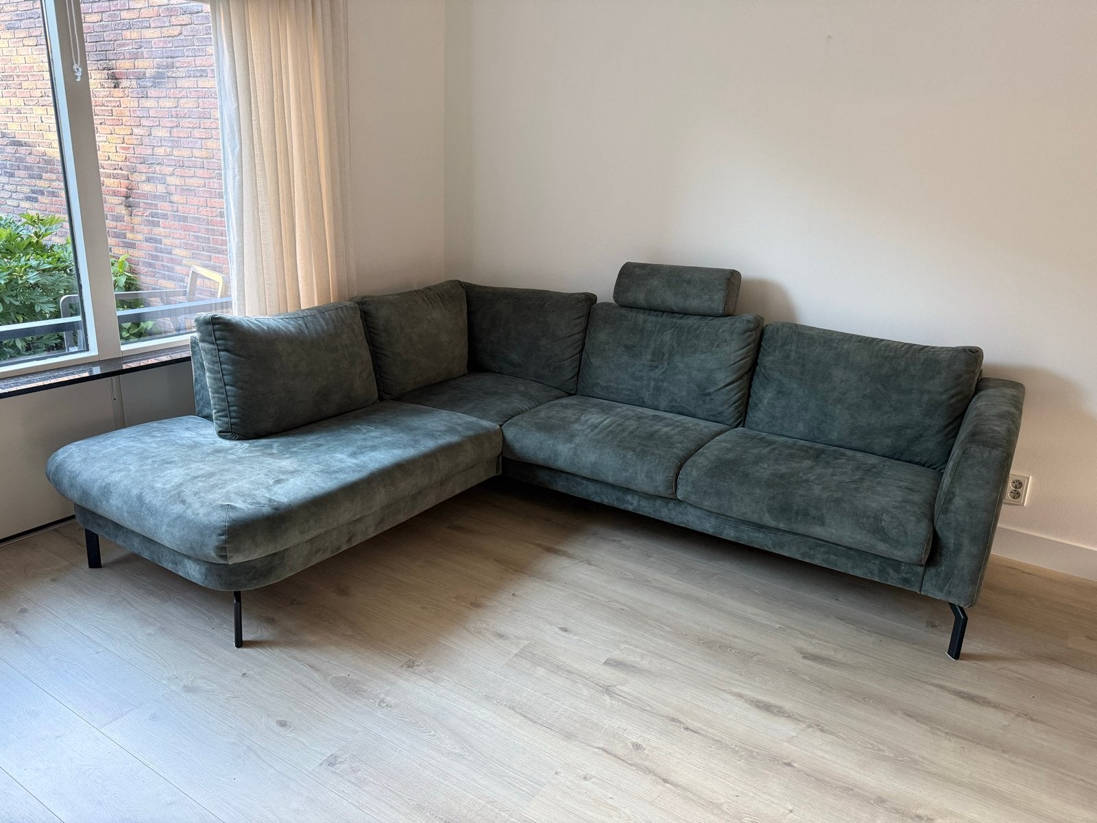 Groene velvet hoekbank Spengen Woonexpress, Huis en Inrichting, Ophalen, 250 tot 300 cm, Hoekbank, 75 tot 100 cm