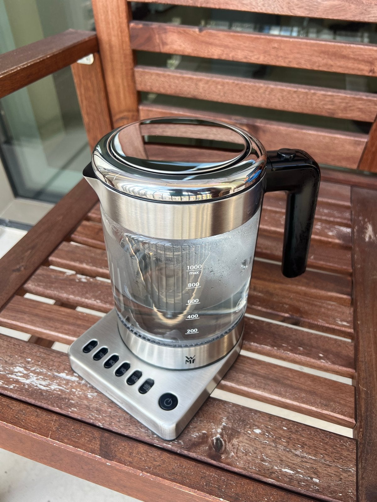 WMF Waterkoker met temperatuurinstelling - RVS en Glas, 1 tot 2 liter, Ophalen of Verzenden, Zo goed als nieuw, Draadloos