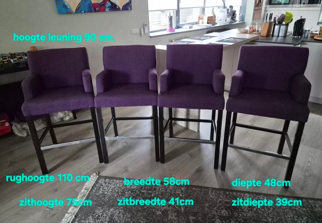 4 Hoge paarse-aubergine barkrukken armleuningen van Goossens, Huis en Inrichting, Barkrukken, Ophalen, Gebruikt, 90 cm of meer