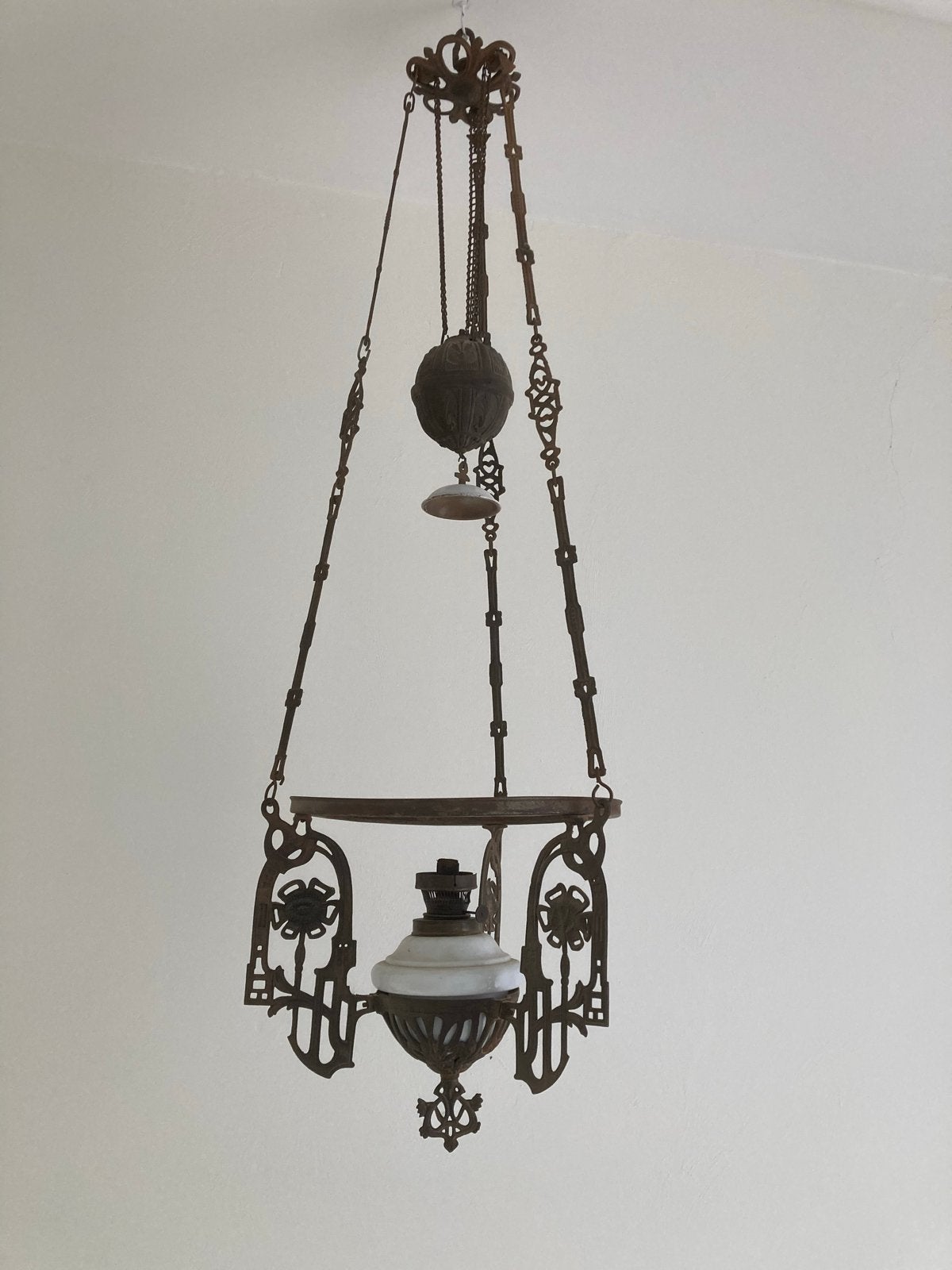 Antieke Olielamp - Hanglamp met gedetailleerd smeedwerk, Ophalen of Verzenden