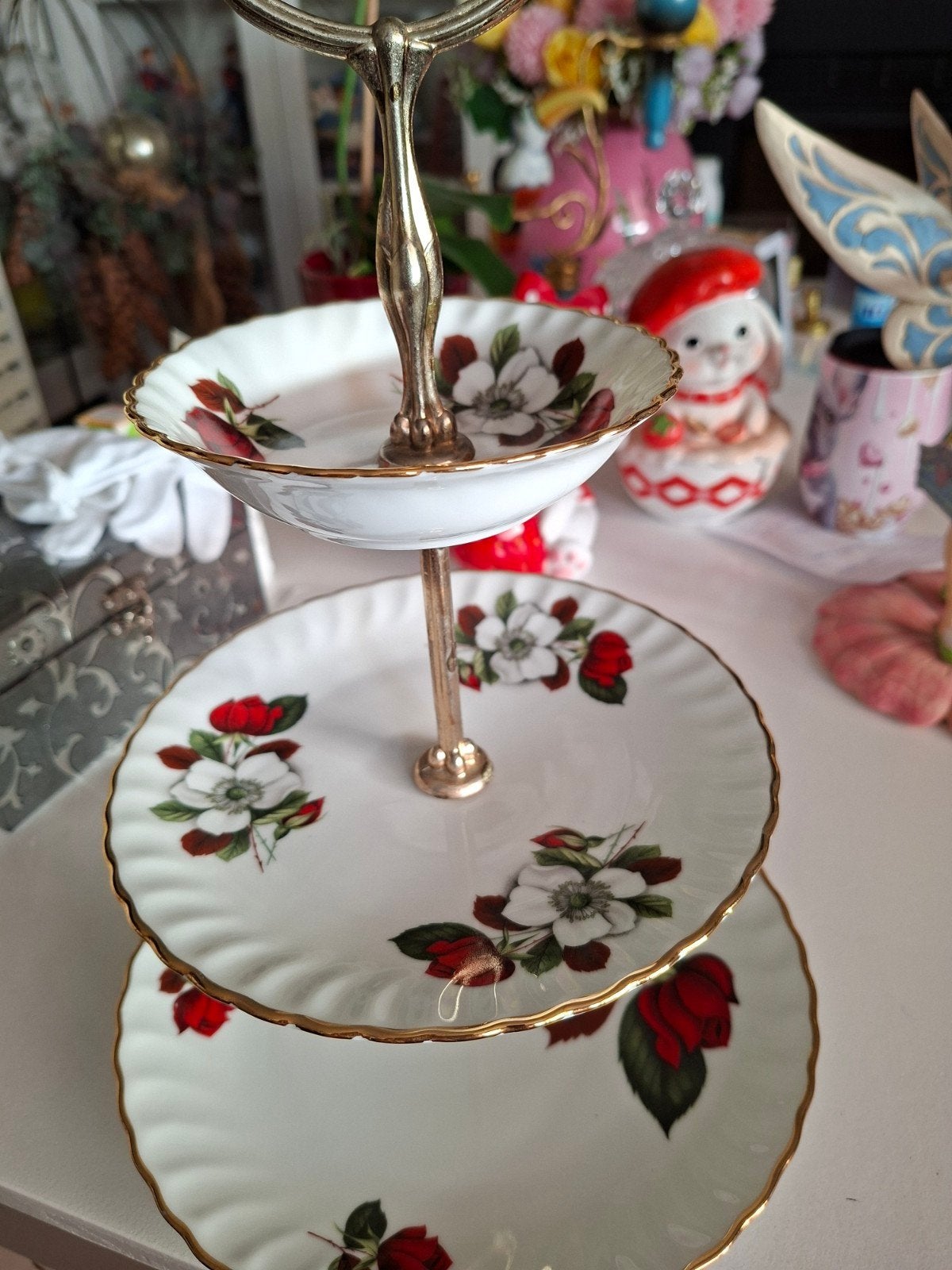 Vintage etagere met bloemmotief - 3 lagen, Ophalen of Verzenden