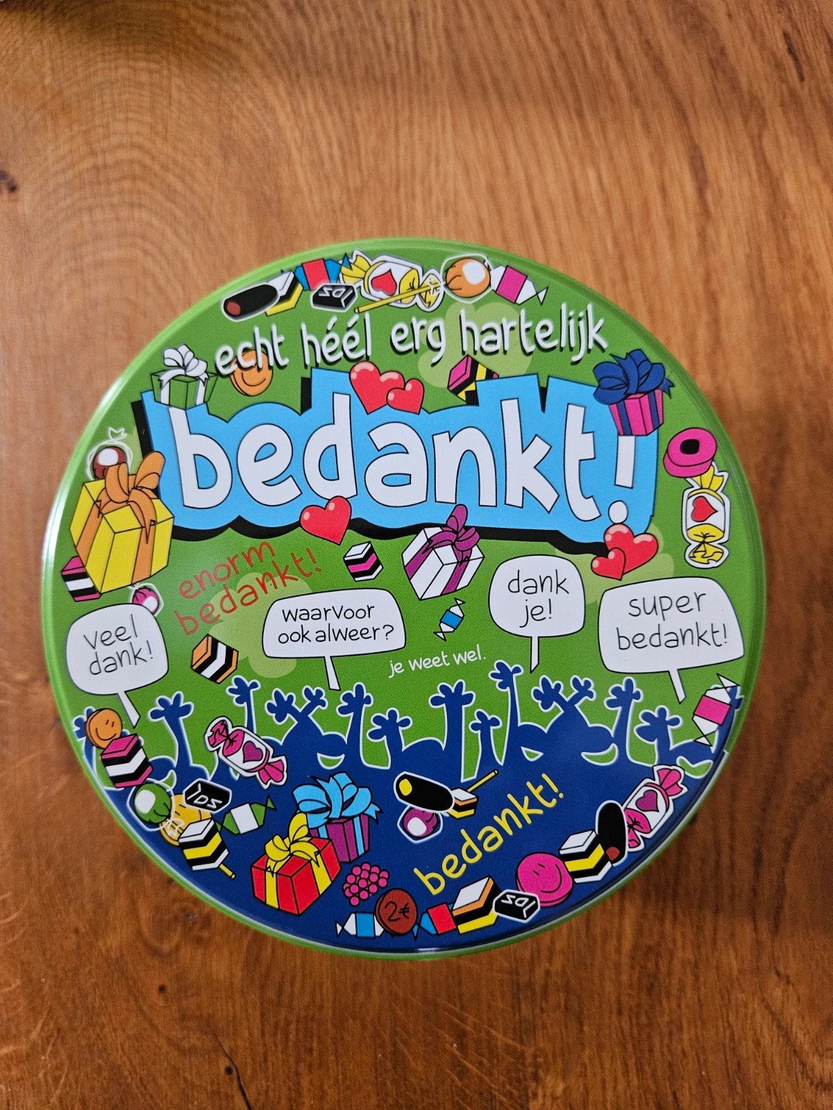 Leuke blikken trommel 'Bedankt!' - Zo goed als nieuw, Verzamelen, Blikken, Ophalen of Verzenden, Zo goed als nieuw, Koek(jes)