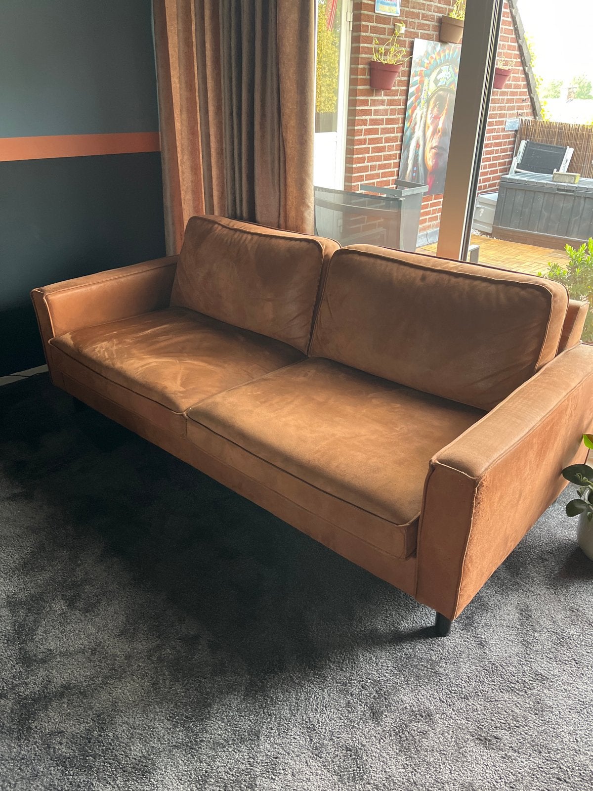 Comfortabele bruine tweepersoonsbank met gebruikerssporen, Ophalen, Gebruikt, Tweepersoons, 75 tot 100 cm