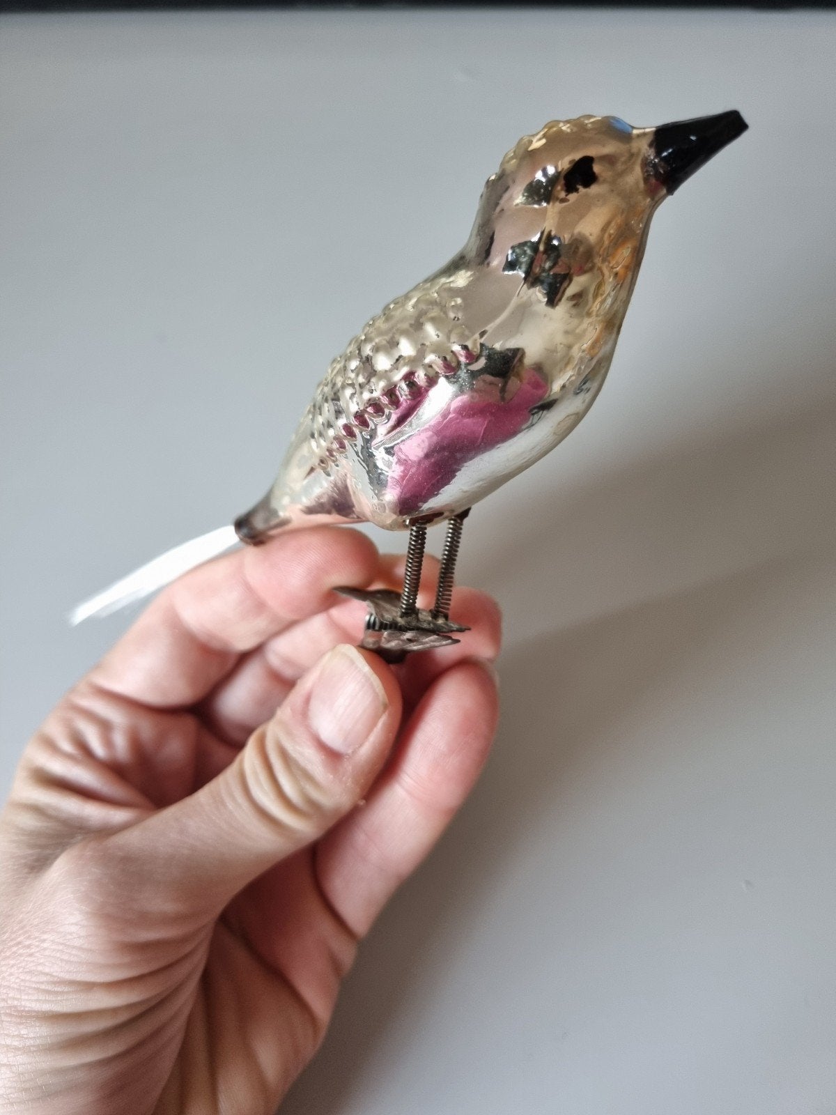 Grote zeer oude kerst vogel op knijper clip zilver kerstbal, Diversen, Ophalen of Verzenden, Gebruikt