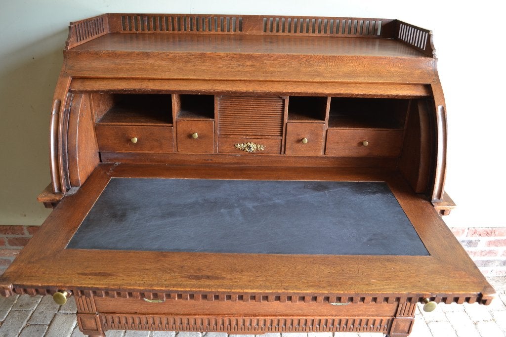 Prachtig antiek eiken houten cylinderbureau, secretaire., Verzenden