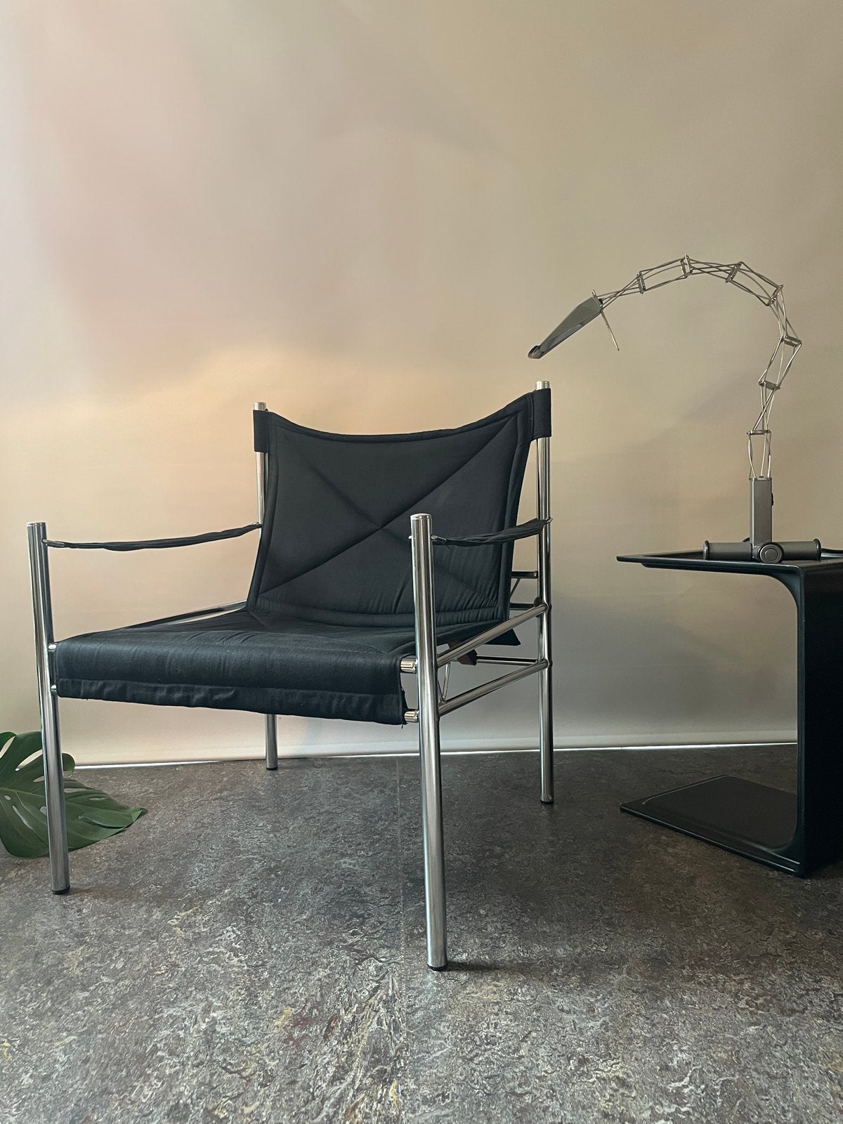 Buisframe Fauteuil Jaren '80 - Zwart Canvas & Chroom, Ophalen, Gebruikt, Minder dan 75 cm, Leer