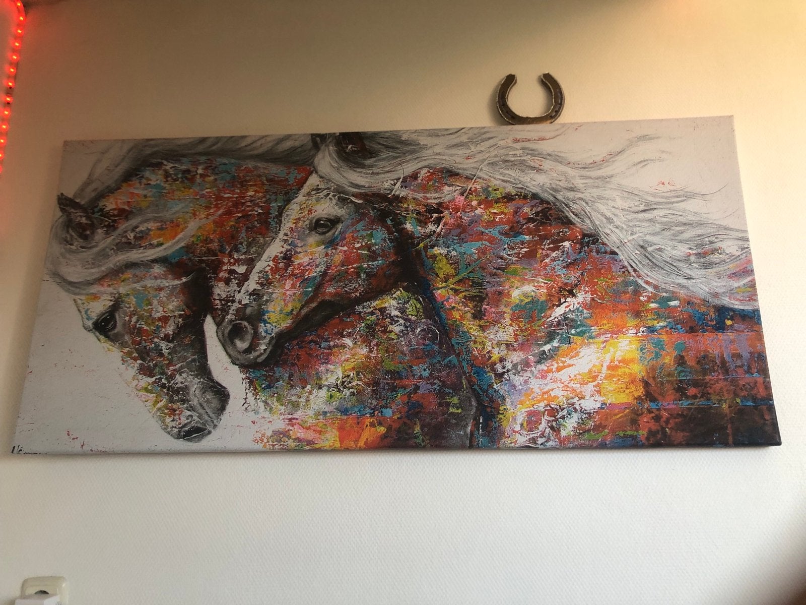 Schilderij 2 Paarden - Kleurrijk Abstract Kunstwerk, Antiek en Kunst, Kunst | Schilderijen | Modern, Ophalen, Acrylverf, Dieren