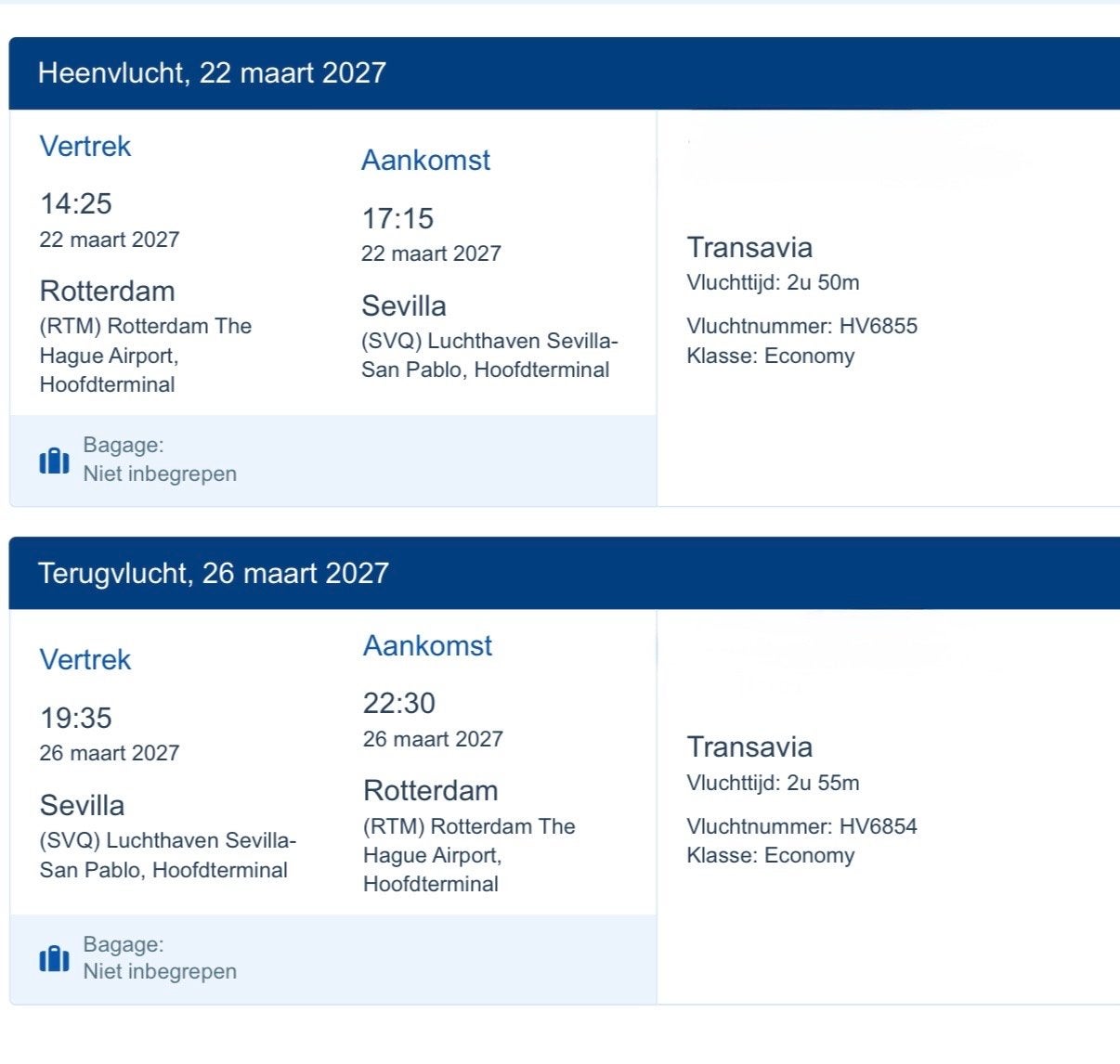 Twee retour vliegtickets Rotterdam Sevilla, Tickets en Kaartjes, Twee personen, Vliegtuig, Buitenland, Met bestemming of datum