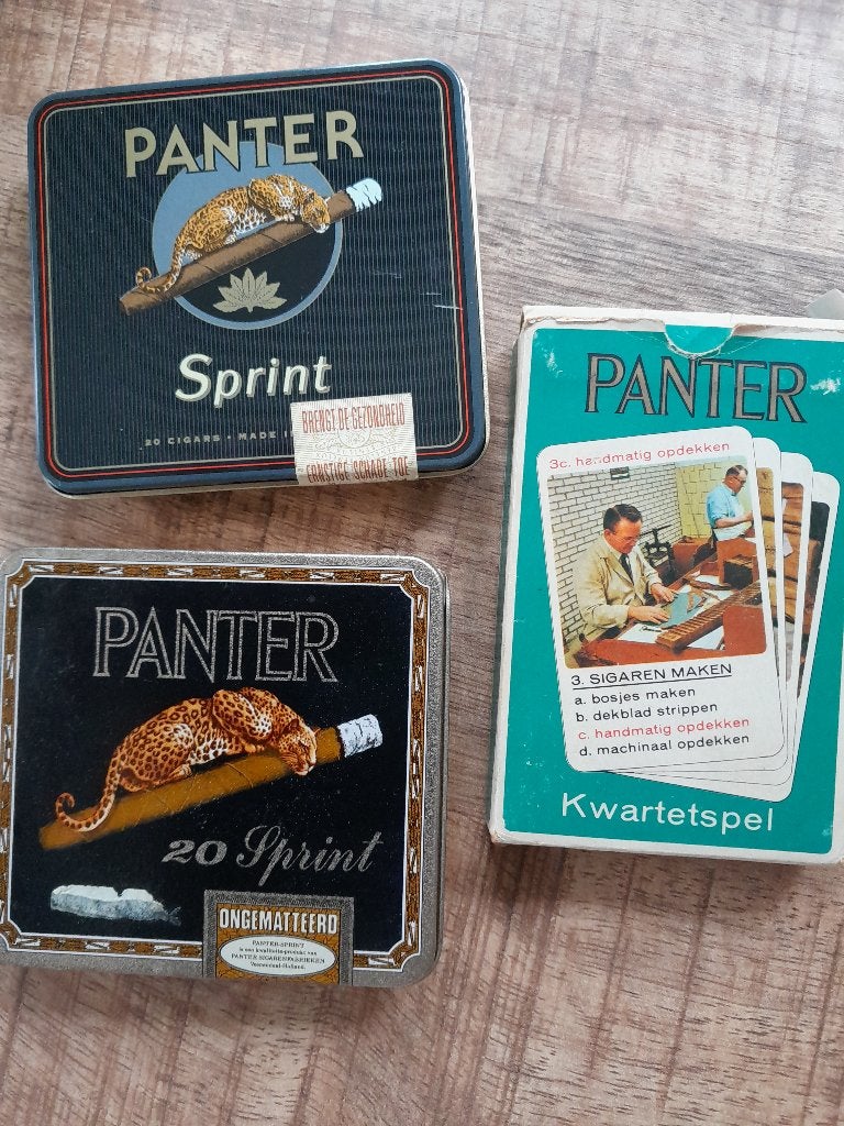 panter kwartetspel en 2 sigaren blikjes, Verzamelen, Ophalen of Verzenden, Gebruikt, Tabaksdoos of Verpakking