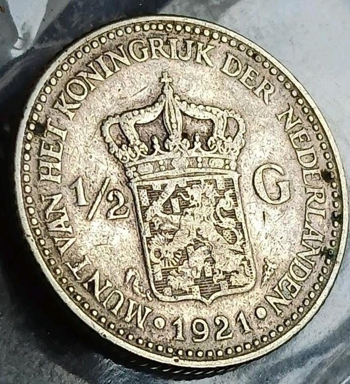 Zilveren halve gulden 1921 Koningin Wilhelmina, ½ gulden, Zilver, Ophalen of Verzenden, Koningin Wilhelmina