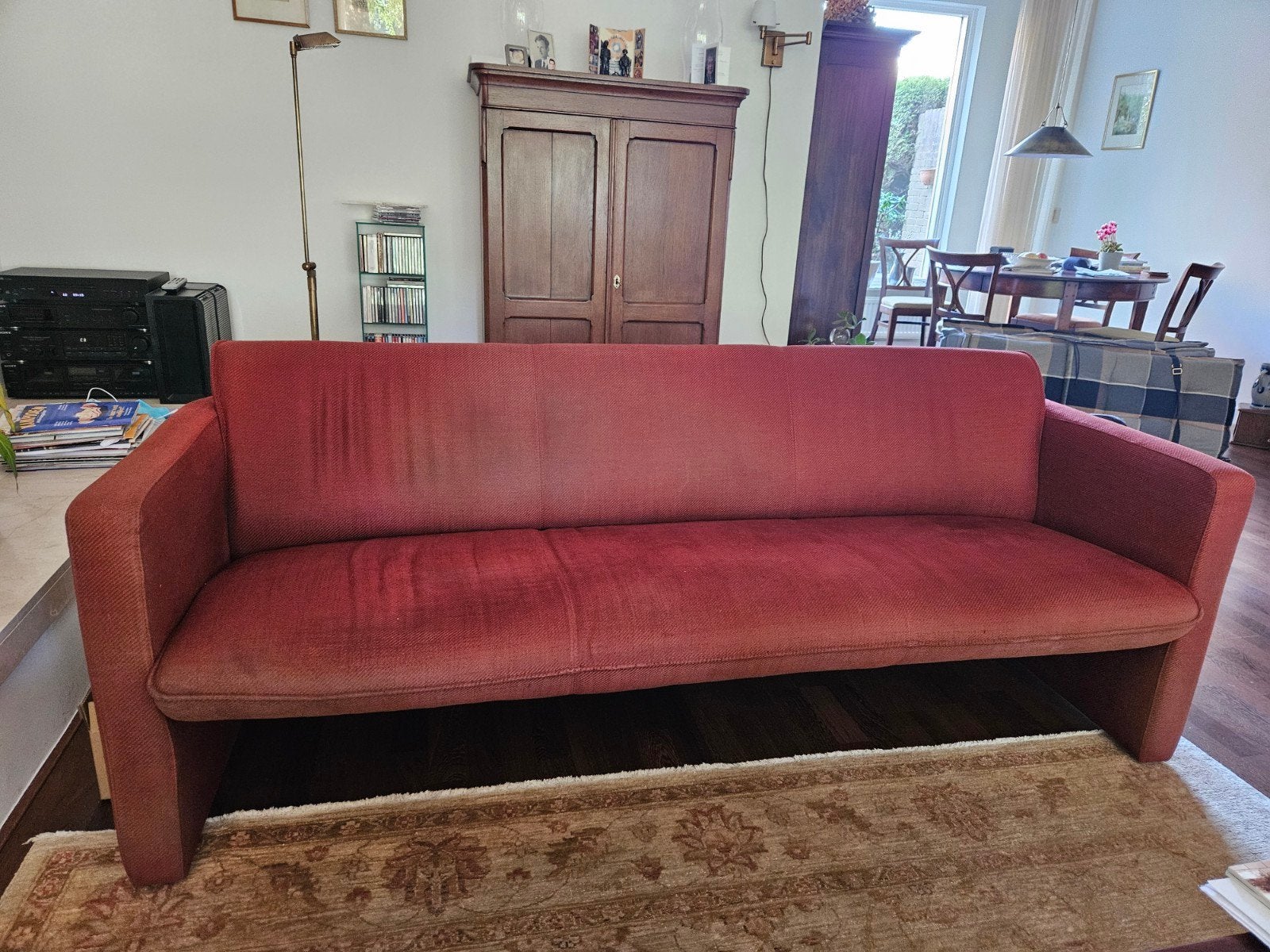 Comfortabele rode Leolux bank - 3-zits, Ophalen, Gebruikt, 150 tot 200 cm, Driepersoons