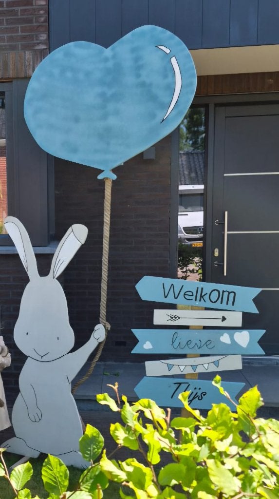 Geboortebord, konijn met ballon en paal met bordjes, Ophalen, Gebruikt