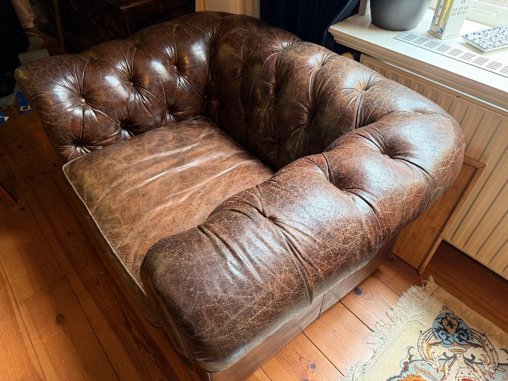 Leren fauteuil - Chesterfield vintage, Ophalen, Gebruikt, Chesterfield, Leer