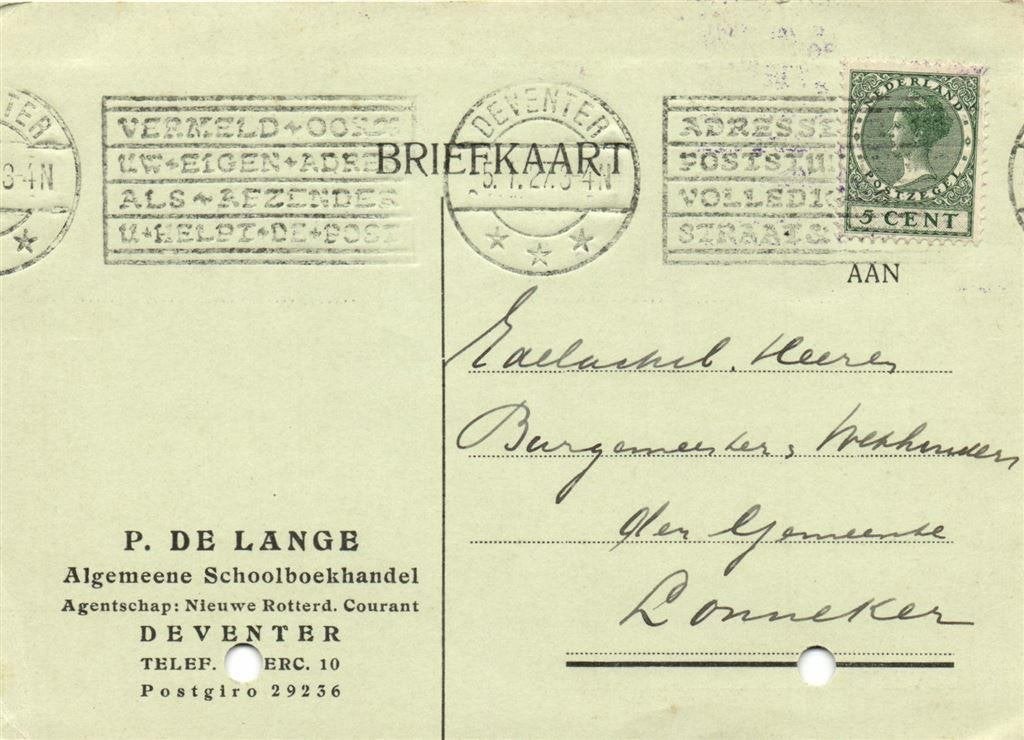 P. de Lange, Deventer - 01.1927 - briefkaart, Ophalen of Verzenden, Briefkaart