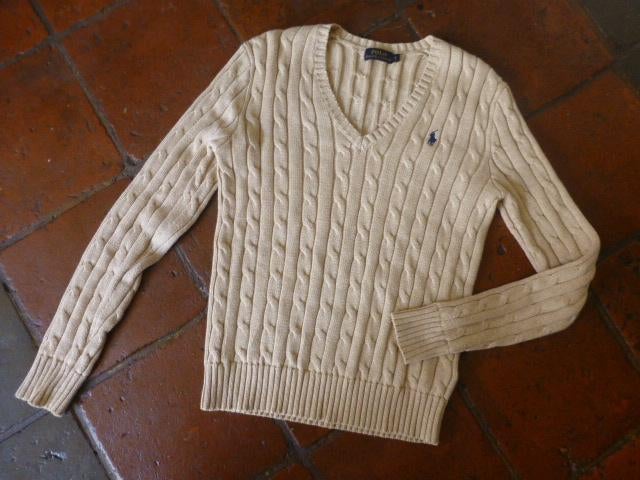 Ralph LAUREN 100 % Katoen V-hals Kabel Trui / mt 38 / NIEUW, Maat 38/40 (M), Verzenden, Beige, Nieuw