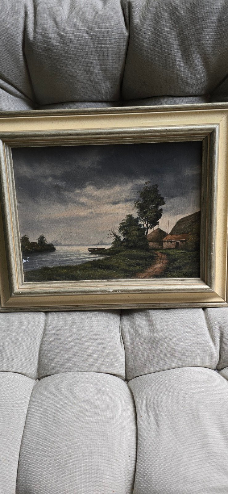 J. Kok: Schilderij Landschap met water en huisje - Gesigneer, Ophalen, Doek, Landschap, Klassiek
