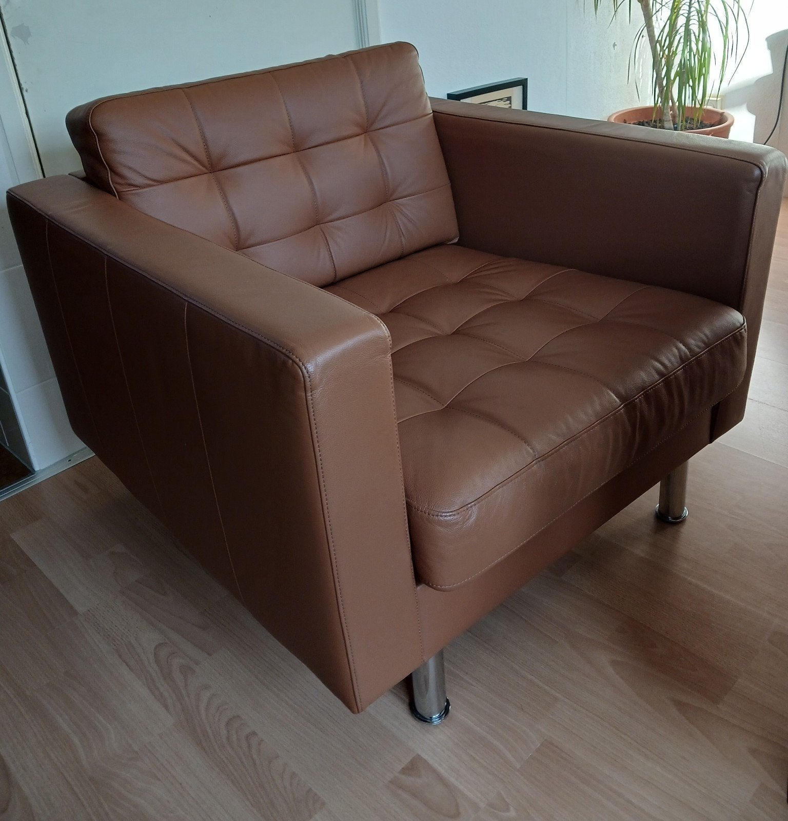 Leren fauteuil Landskrona (Ikea) - cognac kleur, Ophalen, Gebruikt, 75 tot 100 cm, 75 tot 100 cm