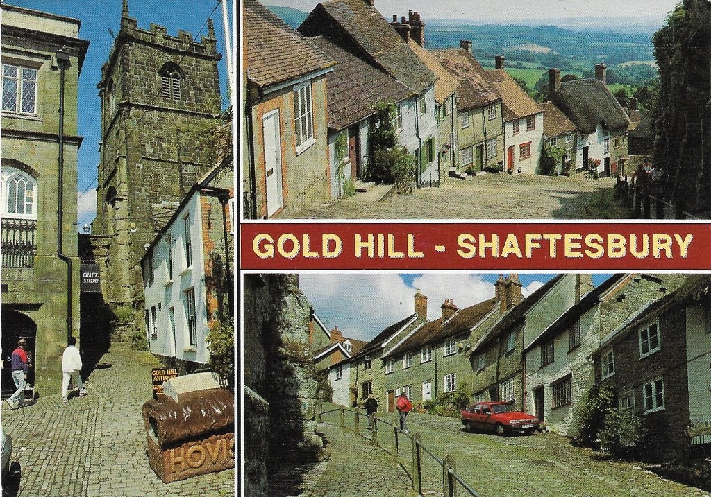 Ansichtkaart  	Shaftesbury (Engeland)	Gold Hill	3-luik, Verzenden, 1980 tot heden, Gelopen, Engeland