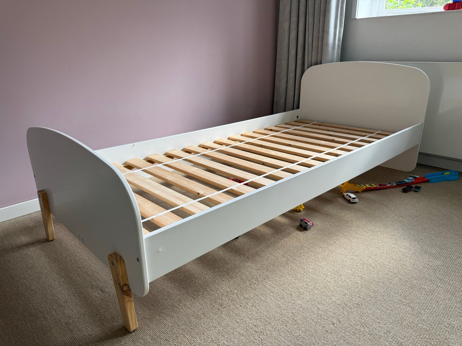 Eenpersoonsbed van hout 90x200 met lattenbodem, Ophalen, Gebruikt, 90 cm, Eenpersoons