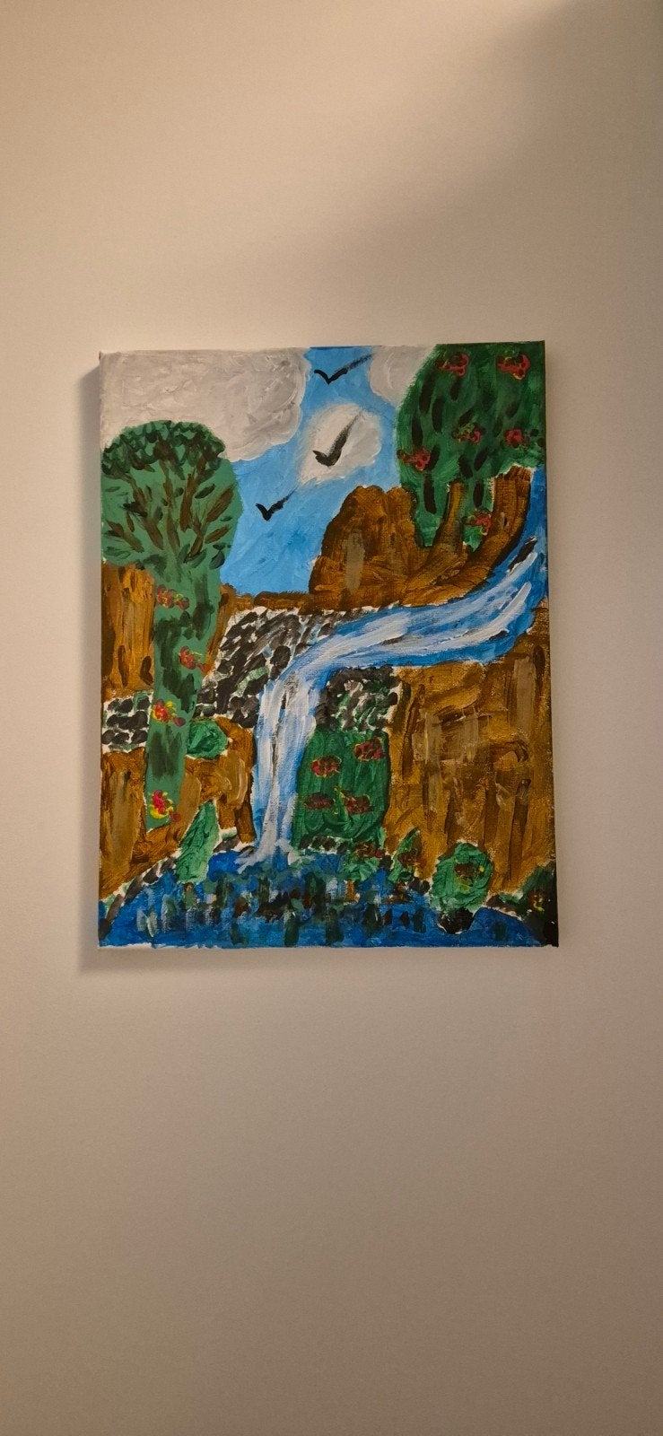 Schilderij: Waterval in een weelderig landschap, Ophalen of Verzenden