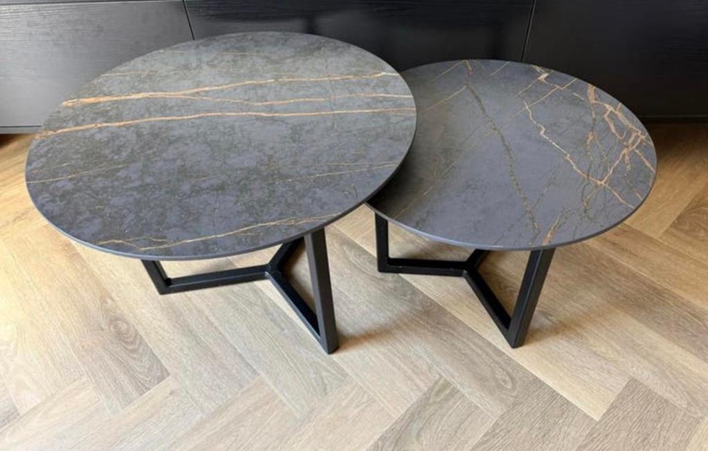 Salontafelset 2-delig zwart/marmer - Zo goed als nieuw, Huis en Inrichting, Tafels | Salontafels, Ophalen, 50 tot 100 cm, Rond