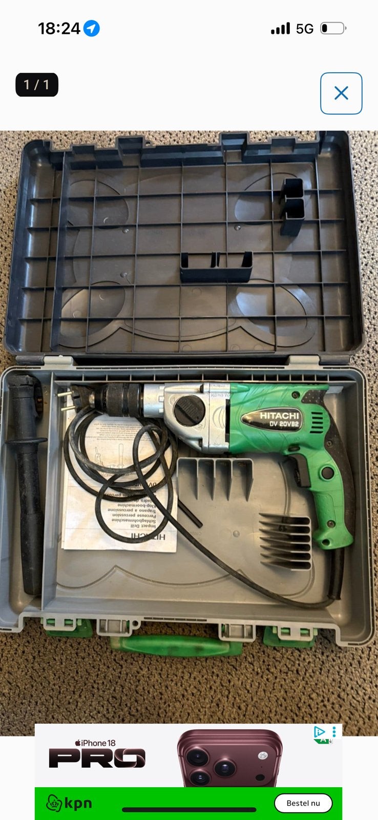 Hitachi DV 20VB2 klopboormachine compleet in koffer, Ophalen of Verzenden, Gebruikt, Boormachine, Klopboormechanisme