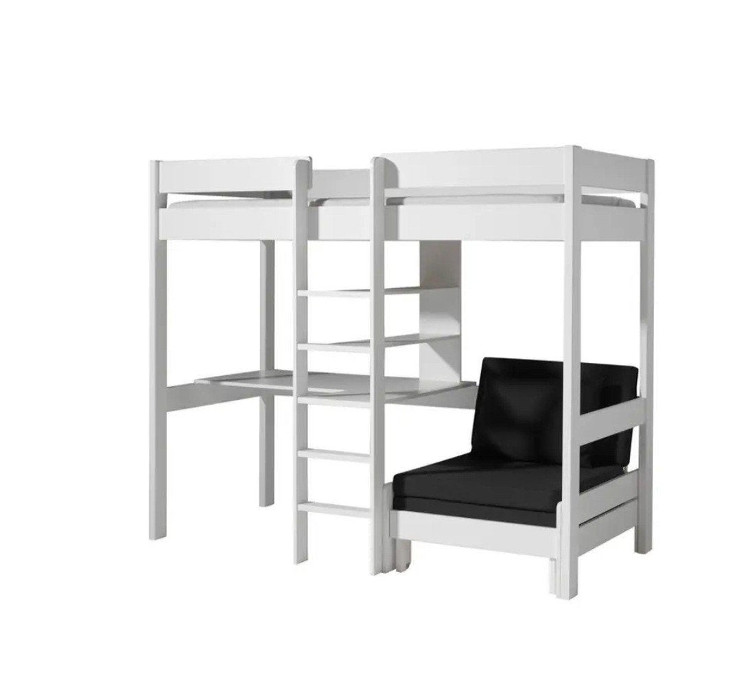 Witte Houten Hoogslaper met Bureau en Slaapbank, Ophalen, Gebruikt, Eenpersoons, 200 cm