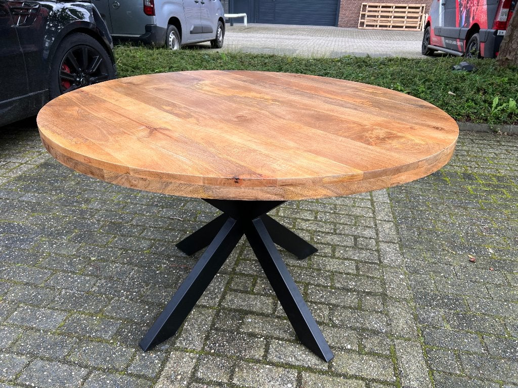 Ronde mango eettafel 120cm incl. spinpoot, Ophalen, Rond, Nieuw, Vier personen