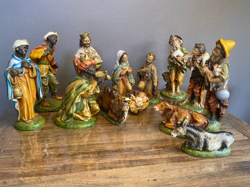 Set oude kerststalfiguren papier-mache Italy jaren 50/60, Ophalen of Verzenden