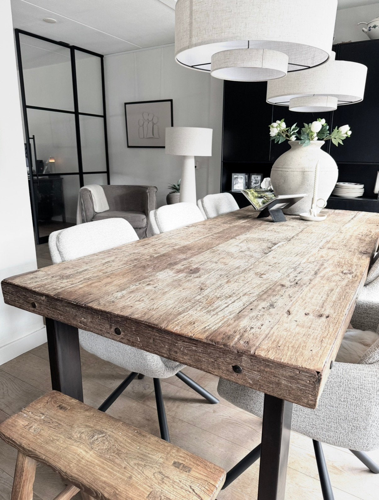 Eettafel 220x95cm oud hout met metalen poten, Ophalen, 75 cm of meer, 200 cm of meer, Zo goed als nieuw