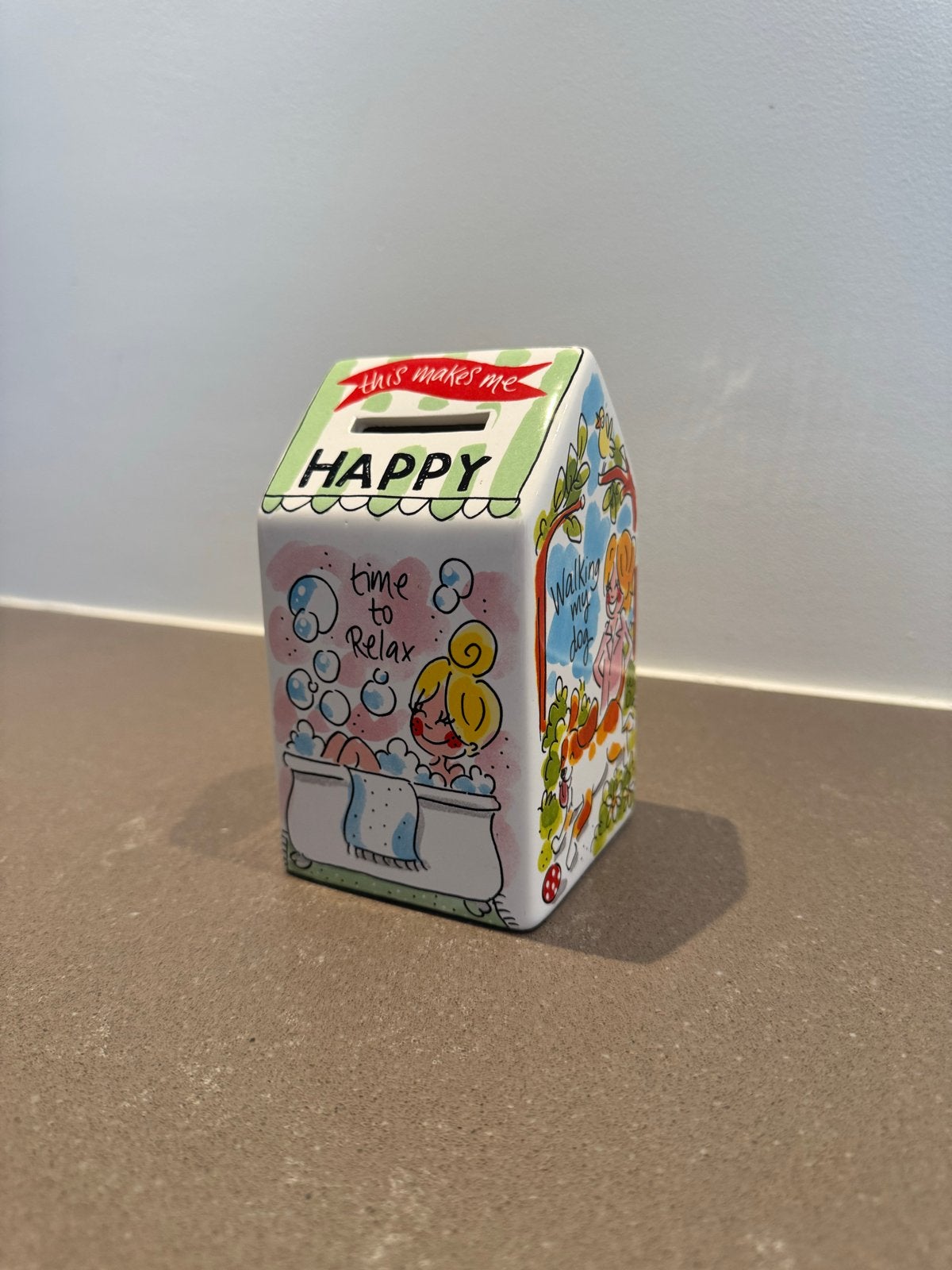 Blond amsterdam spaarpot huisje 'This makes me HAPPY', Ophalen, Gebruikt, Steen, Aardewerk of Keramiek, Overige thema's