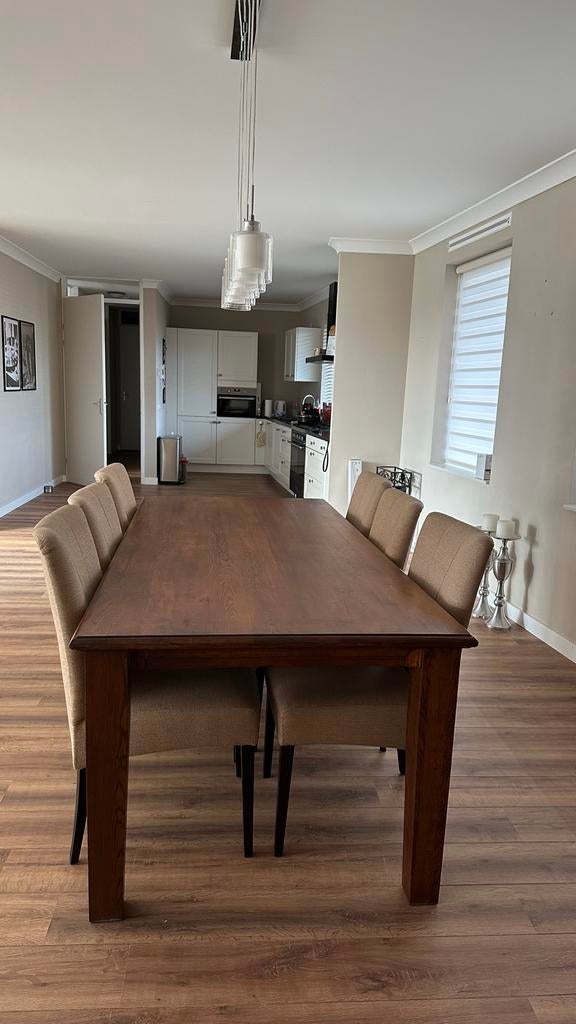 Houten eettafel met stoelen, kast en bijzettafel, Ophalen, Gebruikt, 50 tot 100 cm, Vijf personen of meer