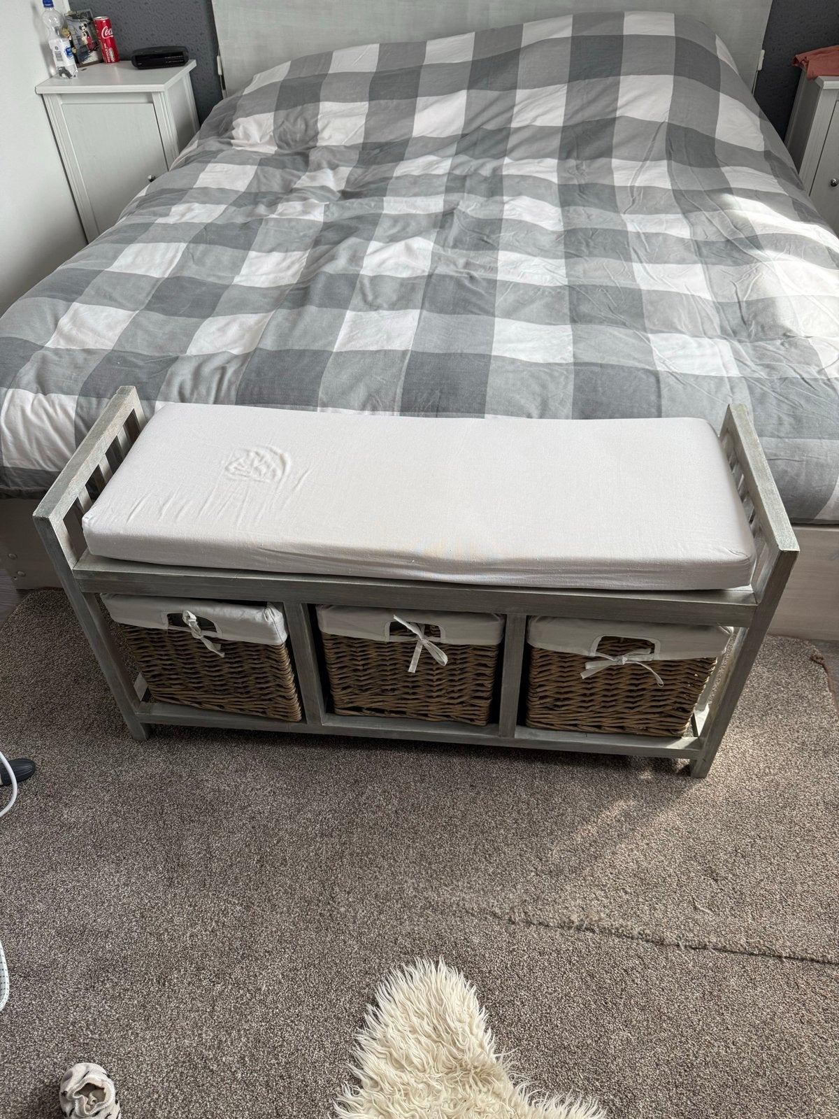 Bankje met 3 manden - 100x35x50 cm, Huis en Inrichting, Stoelen, Ophalen, Gebruikt, Grijs, Hout