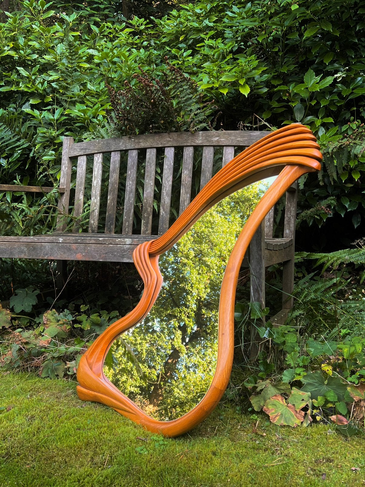 Asymmetrische midcentury designspiegel eikenhout 1950 1960, Antiek en Kunst, Ophalen, Overige vormen, 50 tot 100 cm, Minder dan 100 cm