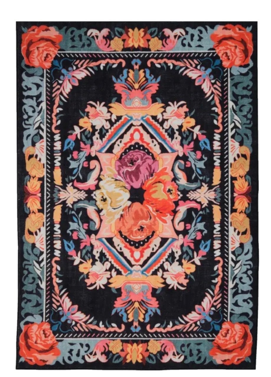 Vloerkleed met bloemenprint - Zwart, rood, roze, geel, Huis en Inrichting, Stoffering | Tapijten en Kleden, Ophalen, Zwart, 150 tot 200 cm