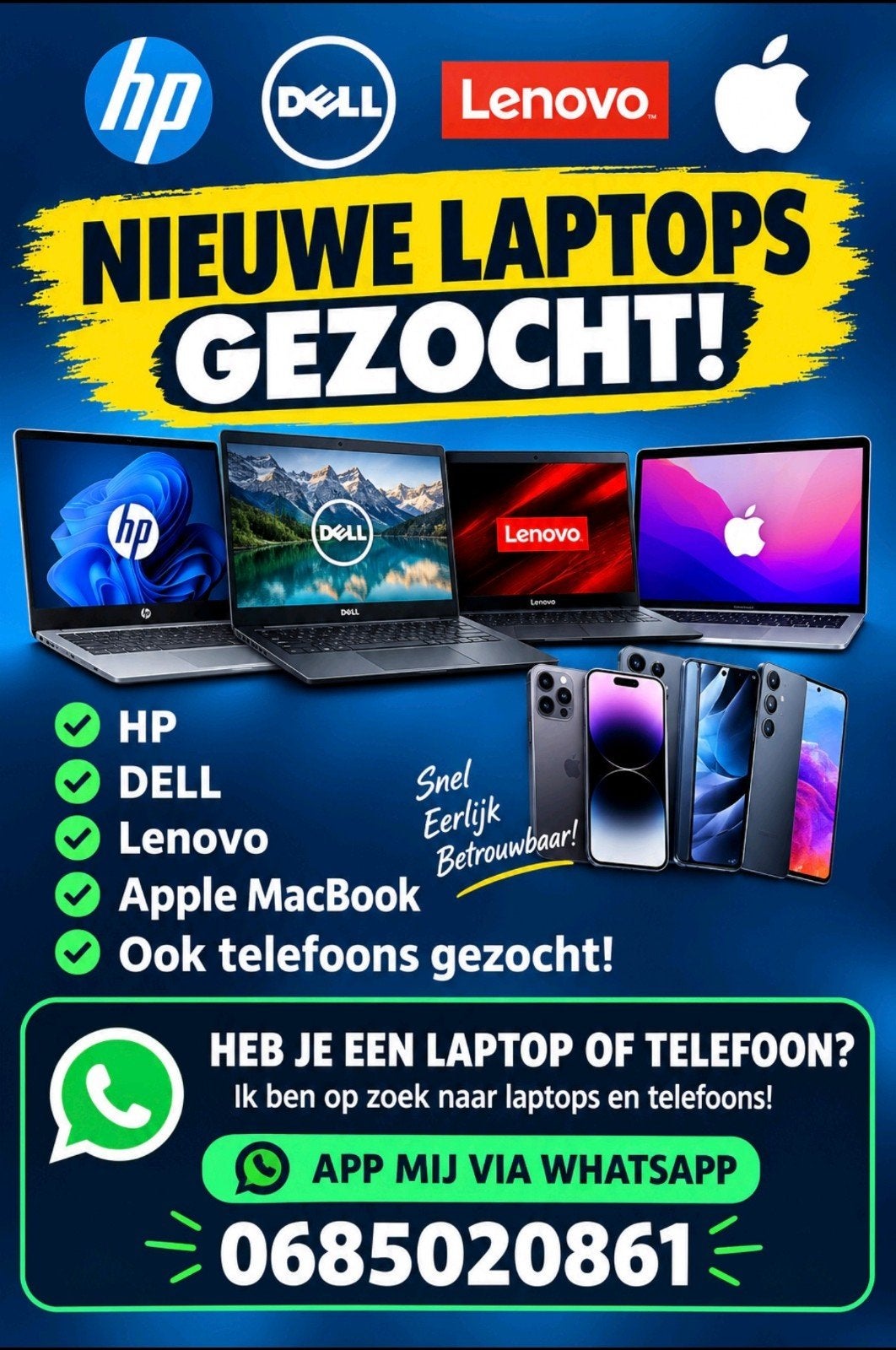 Nieuwe Laptops & Telefoons Gezocht! HP, Dell, Lenovo, Apple, Computers en Software, Ophalen of Verzenden, Nieuw, HP, Dell, Lenovo, Apple