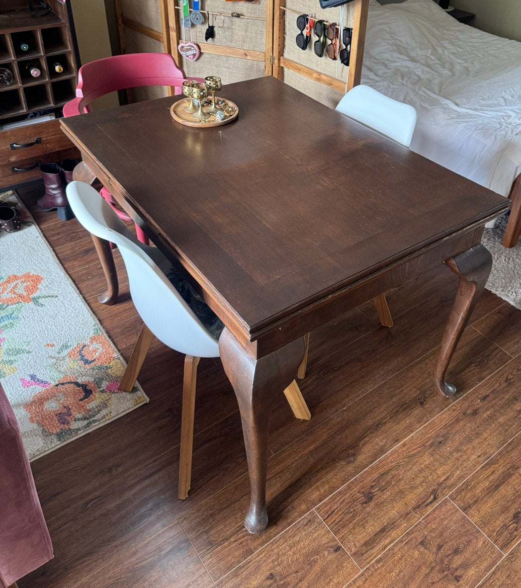 Uitschuifbare eettafel - Donkerbruin hout, Ophalen, Gebruikt, 50 tot 100 cm, 150 tot 200 cm