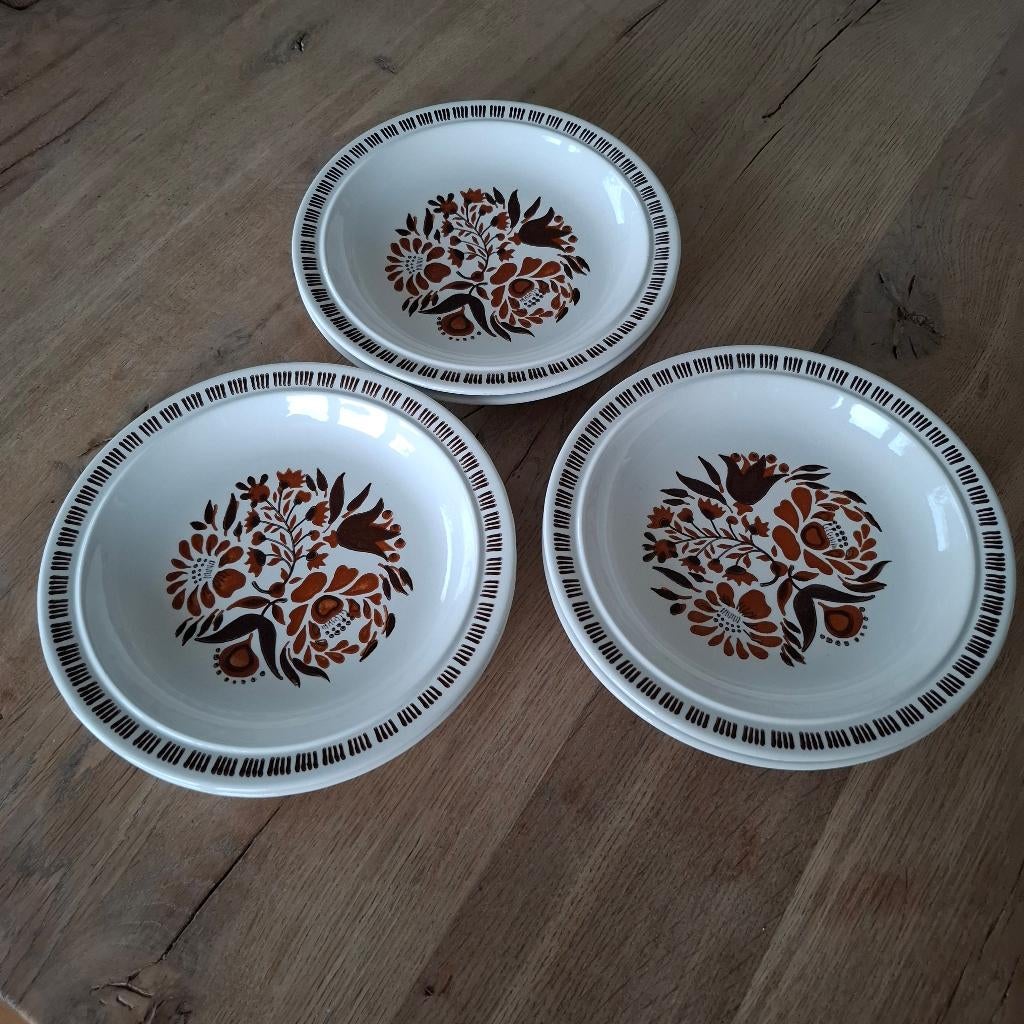 vintage 6 diepe borden bruine bloem, Huis en Inrichting, Keuken | Servies, Ophalen of Verzenden, Zo goed als nieuw, Bord(en), Overige stijlen