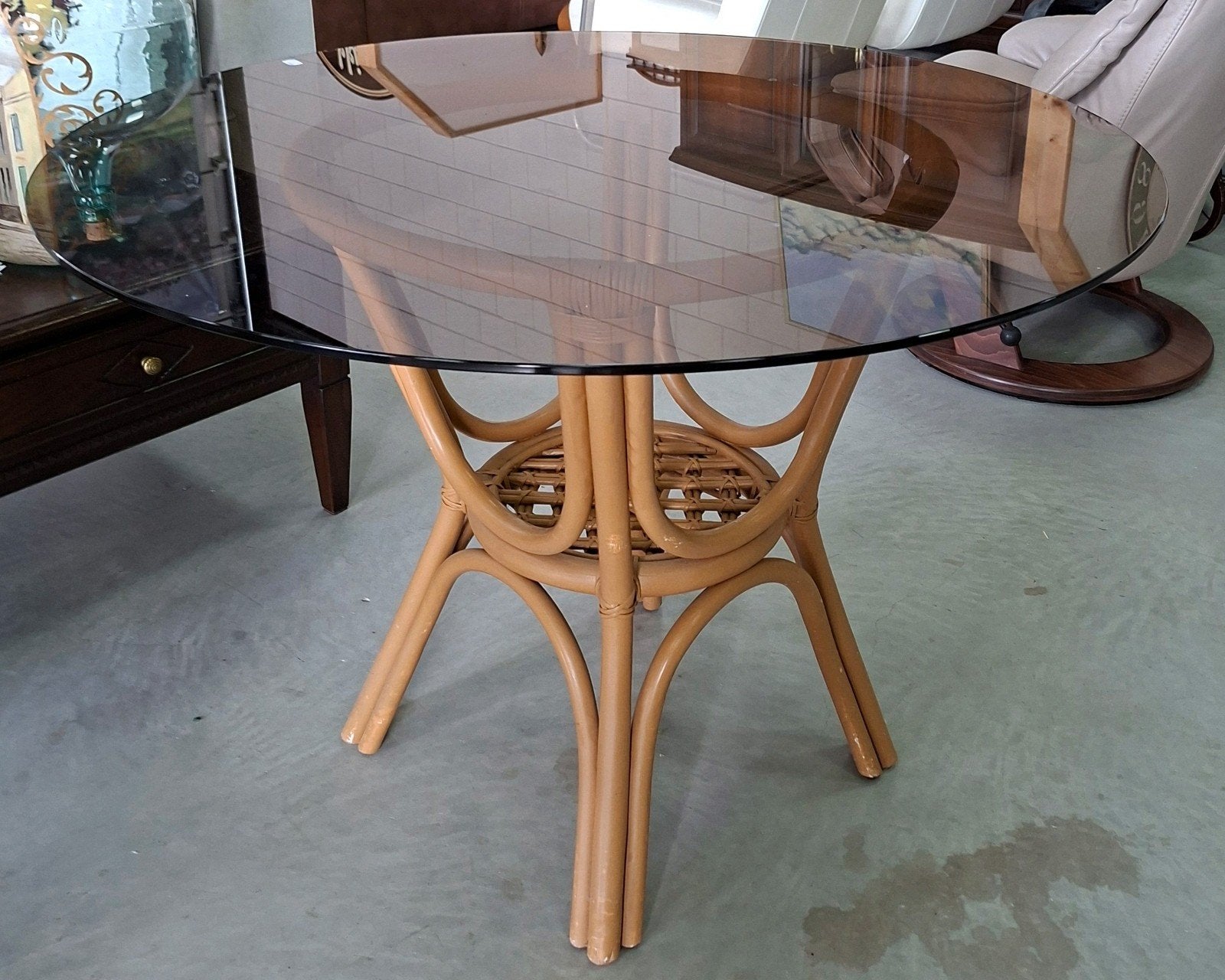 Ronde bamboe tafel met glazen blad | 105 cm doorsnede, Ophalen, Gebruikt, Rond, Overige houtsoorten