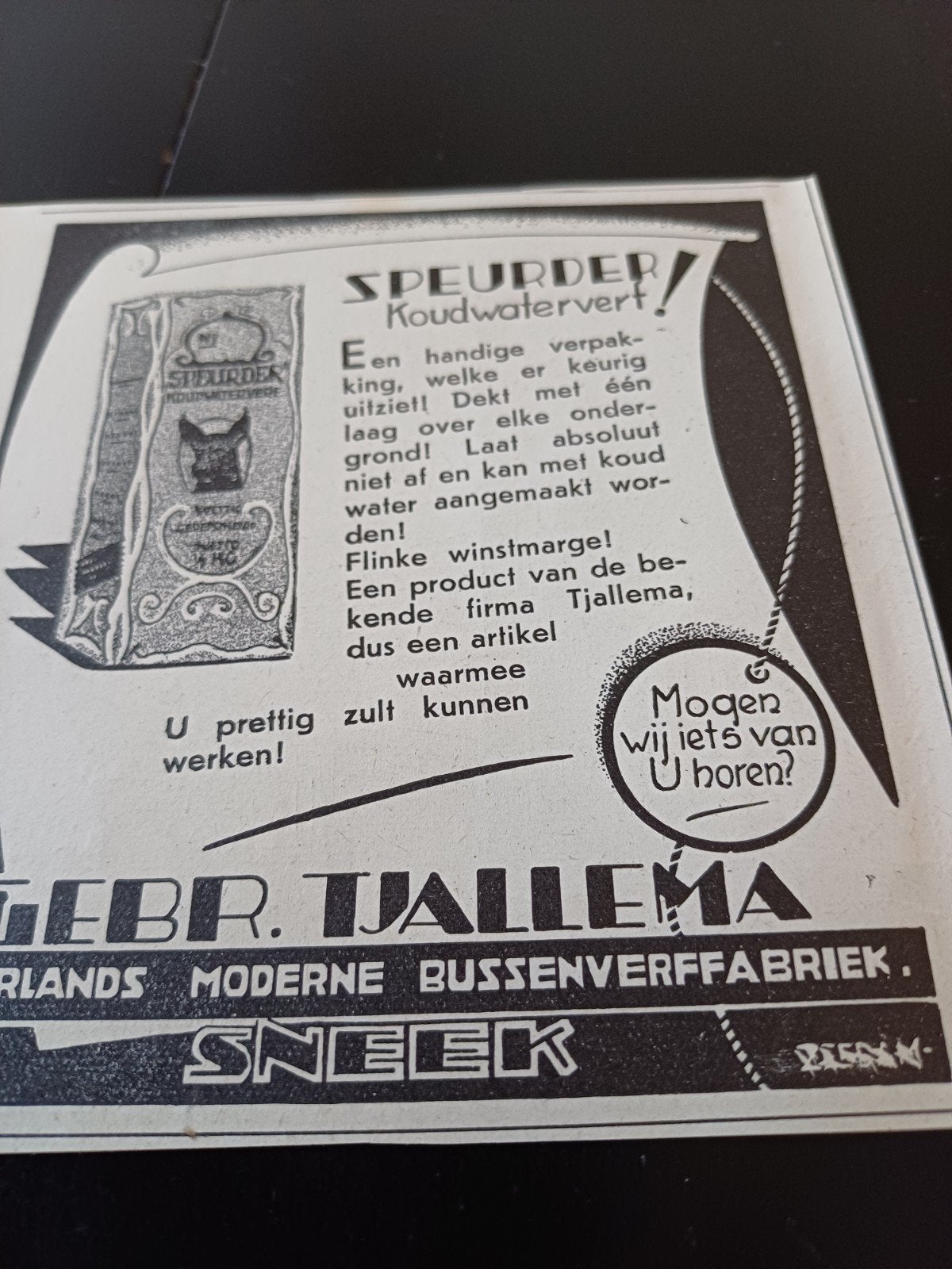 advertentie Tjallema Sneek bussenverf fabriek 1939, Ophalen of Verzenden, Zo goed als nieuw, Overige typen