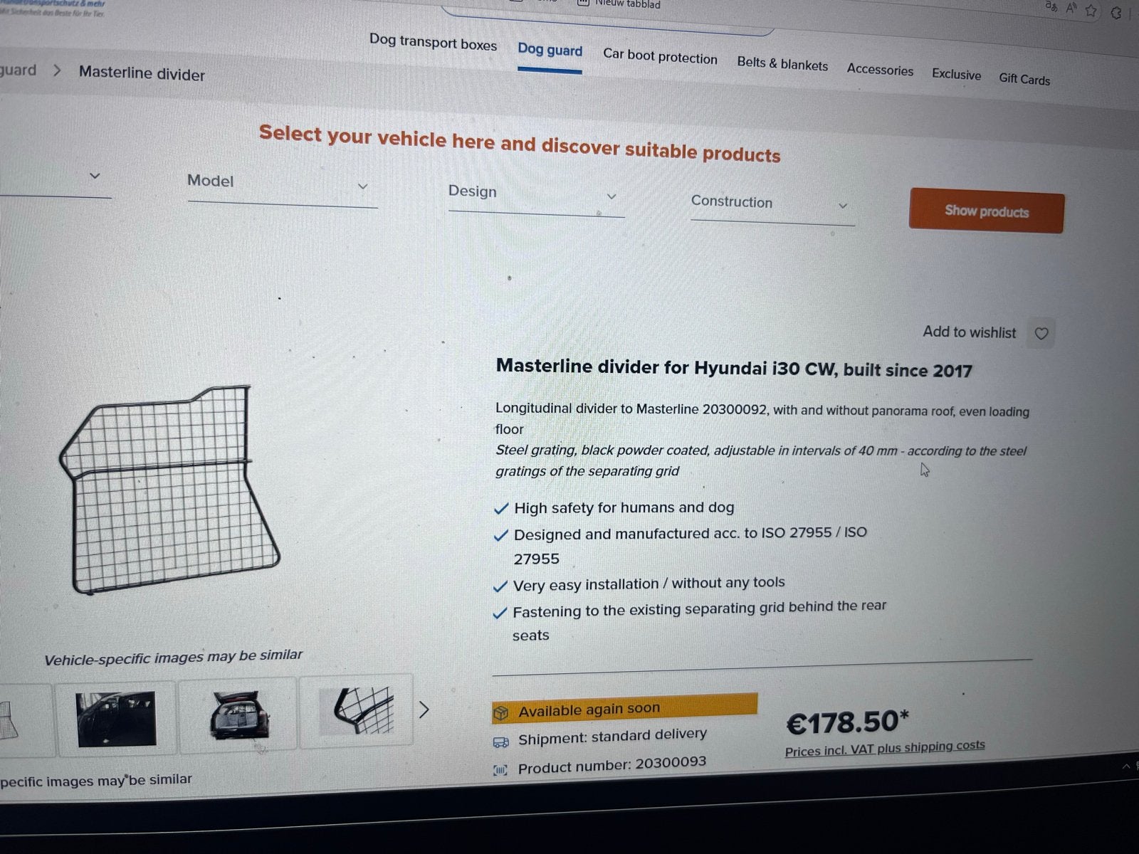 Masterline hondenrek/scheidingswand Hyundai i30 CW, Ophalen, Zo goed als nieuw